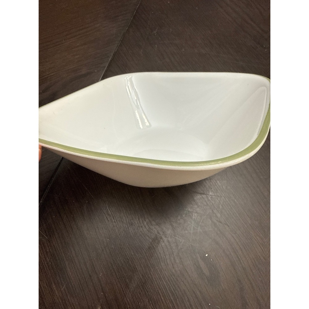 Corelle Square Cereal Soup Bowl White with Sage Green Rim Vitrelle Made in USA